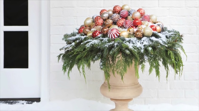 planter with Christmas ornaments