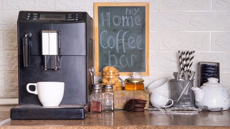 home coffee bar with coffee machine and sign