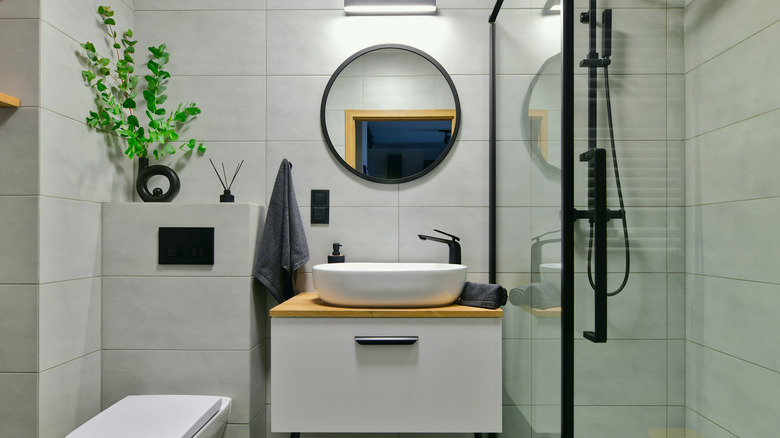 A bathroom with a white toilet, round mirror, white cabinet and a plant