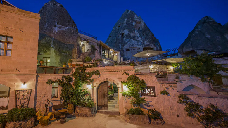 The Koza Cave hotel at night 