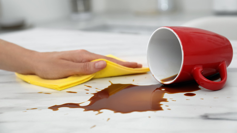 Cleaning a spill off marble counters