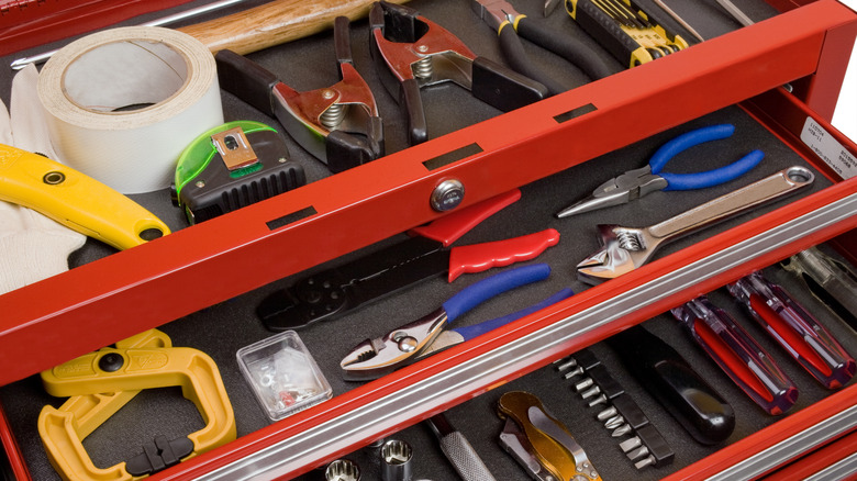 red toolbox with shallow drawers