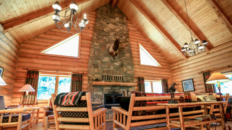 ranch house with natural stone fireplace