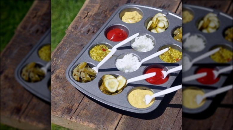 muffin tin with condiments