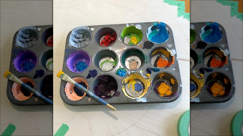 muffin tin with paint