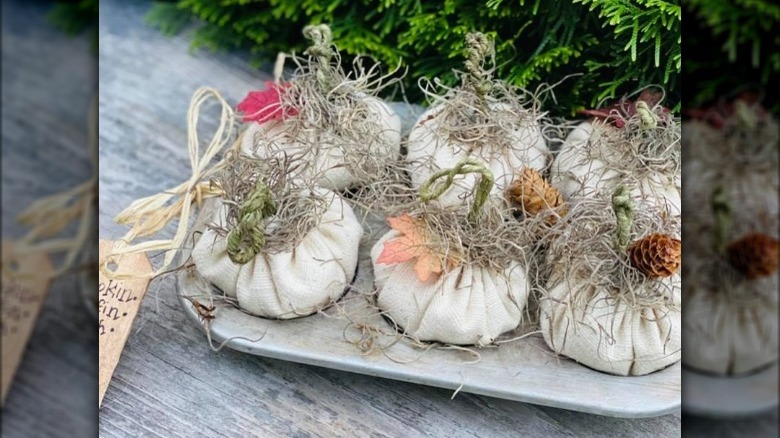 muffin tin with fake pumpkins