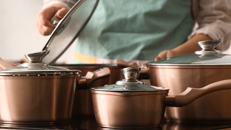 copper pans in kitchen