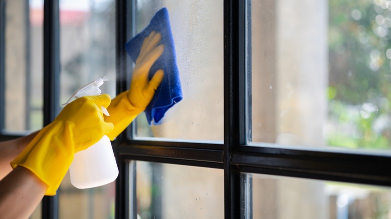 Close-up of rubber gloved hands cleaning windows