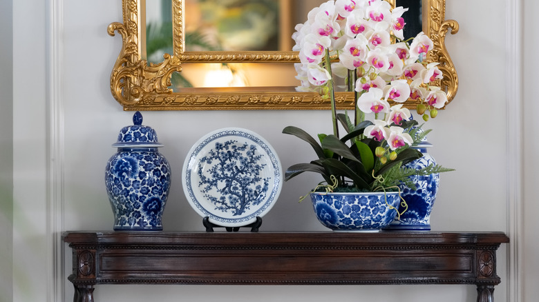 blue and white china on table