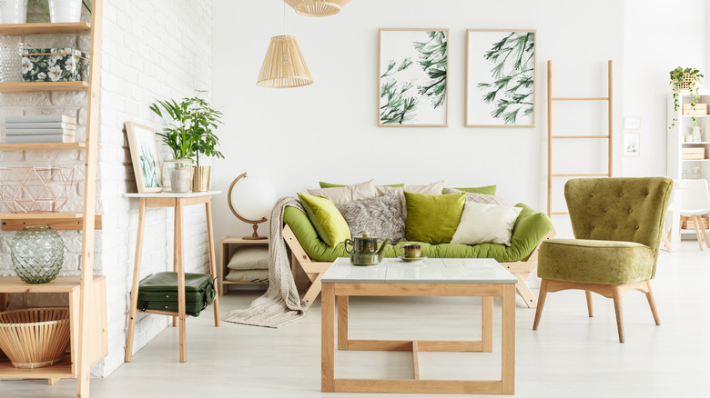 blanket ladder behind sofa