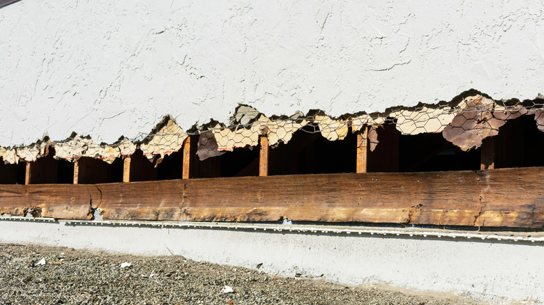 Water damage to stucco wall