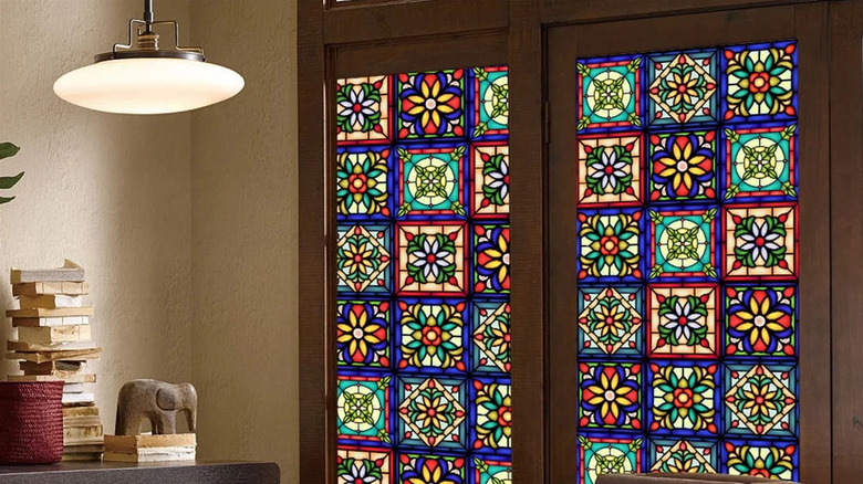 brown door with glass windows and stained glass static cling decals