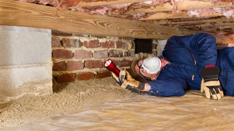 Person inspecting a crawl space