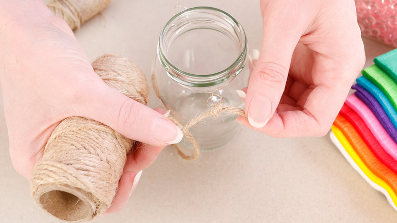 decorating Mason jar with twine