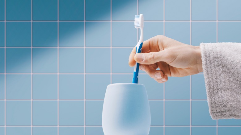 person putting toothbrush in cup