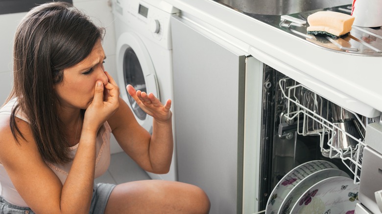 Person by smelly dishwasher