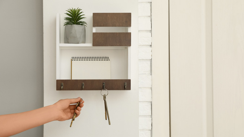 Hand hanging keys on entryway hanger with plant and notepad