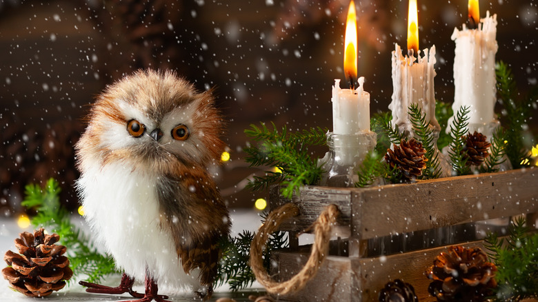 Owl, candles, and pinecone