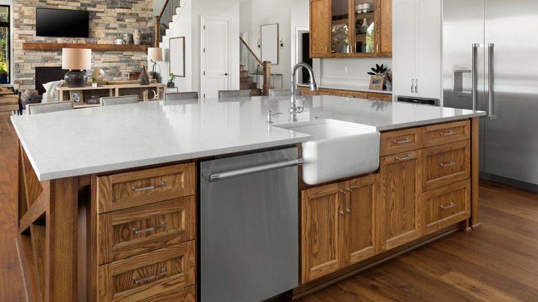 Kitchen island with built-in sink and dishwasher