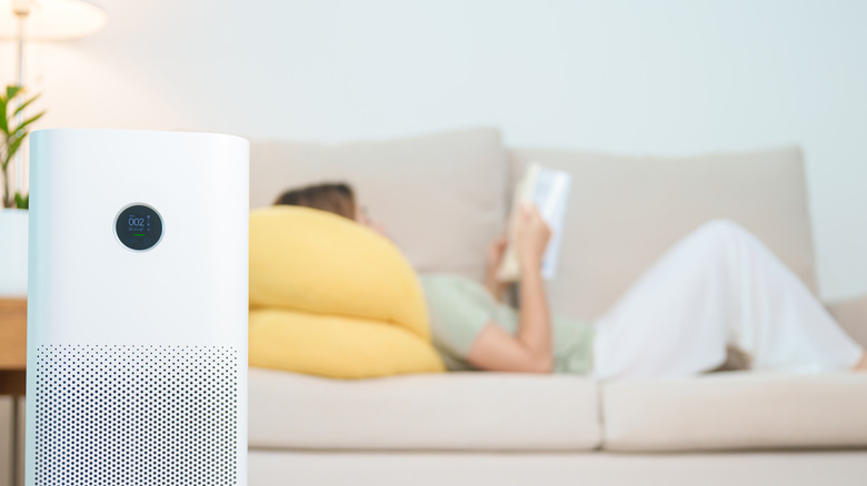 Air purifier close-up with a woman lying on sofa in background