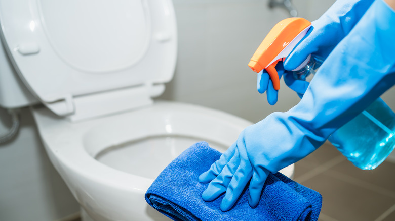 Gloved hand cleaning toilet