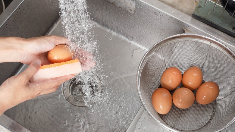 Cleaning eggshells in the sink