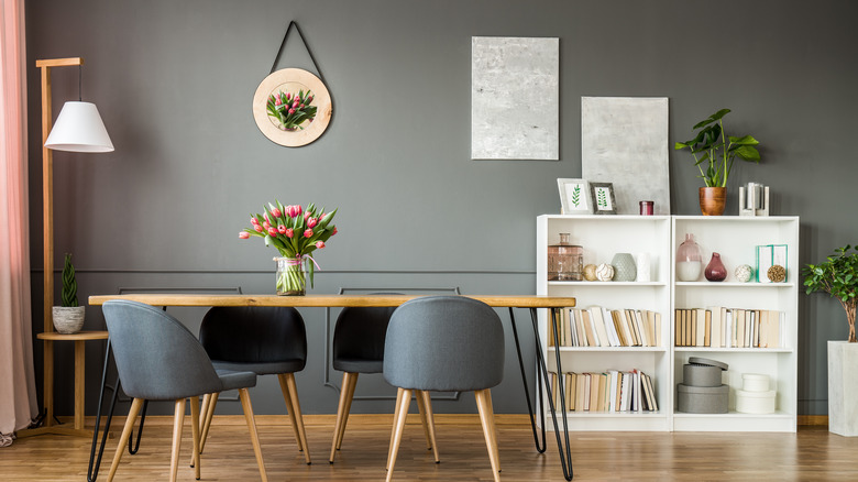 casual dining room with bookcase