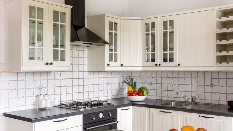 kitchen with glass cabinets