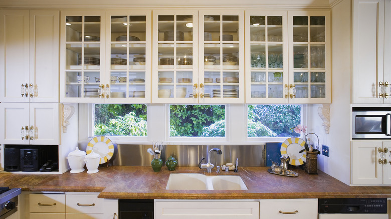 kitchen with glass cabinets