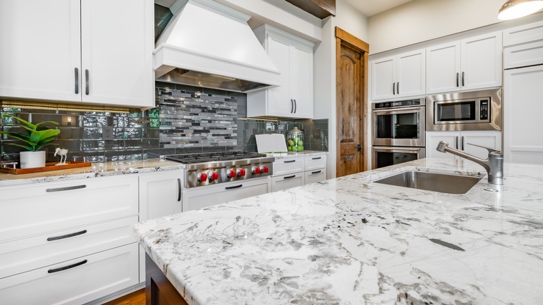 Marble countertops in kitchen