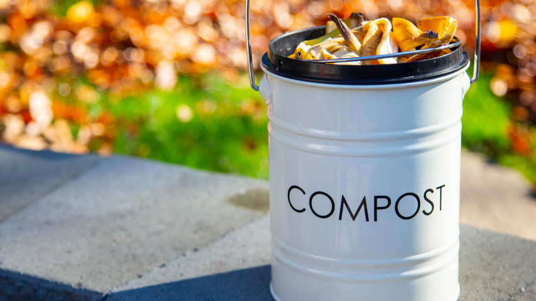 A white compost pail sitting on a wall outside