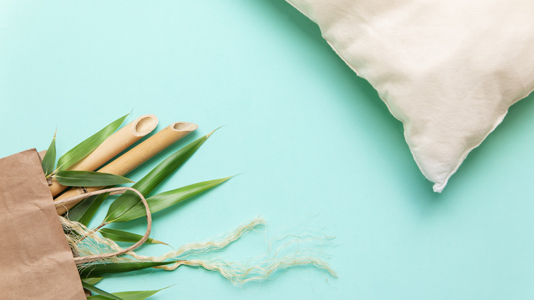 bamboo in bag near pillow