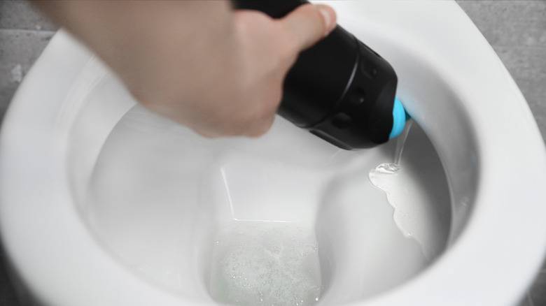 person adding cleaner to a toilet bowl