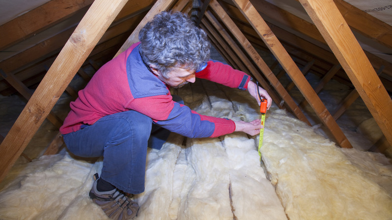 Man measuring depth of insulation in an attic