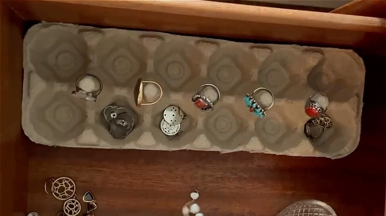 Jewelry in egg carton organizer