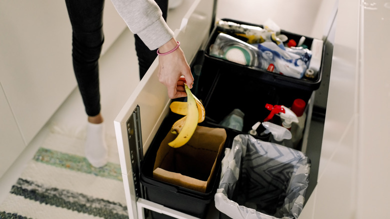 A person throws trash in a pull-out trash bin in a kitchen