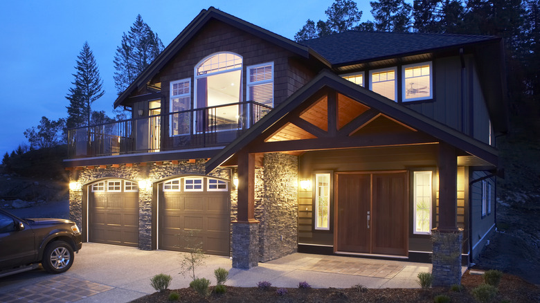 House with exterior lights turned on