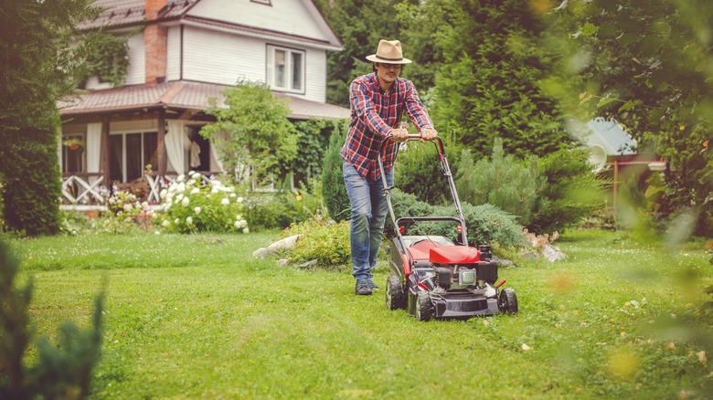 person mowing grass