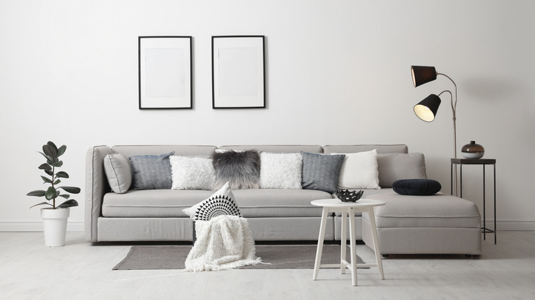 living room with grey furniture