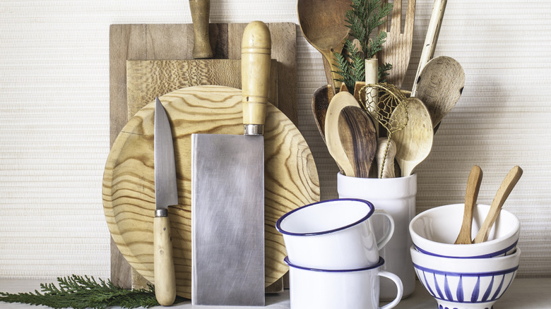 Display of cutting boards and kitchen utensils