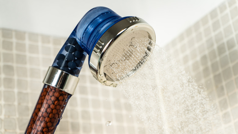 A shower head with a visible built-in filter