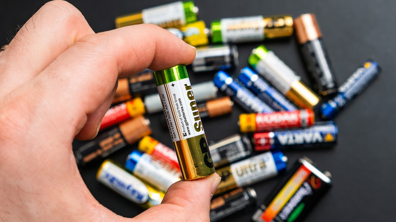 Hand holding AA battery with other brands in the background