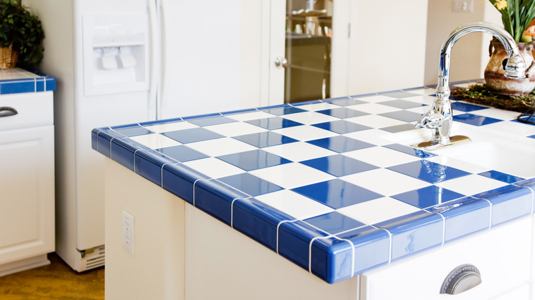 blue and white tile kitchen countertop