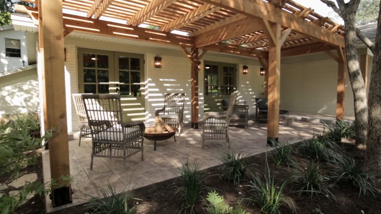 A stamped concrete porch on Fixer Upper