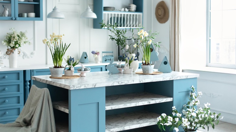 Light blue island in a kitchen