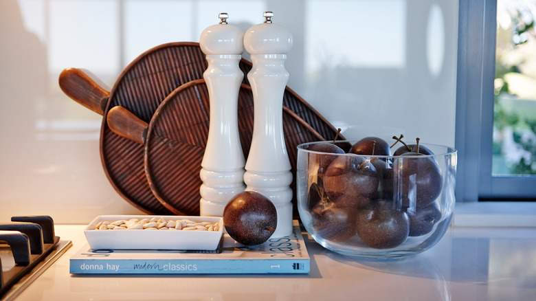 Kitchen vignette trays and books