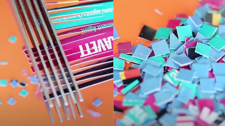 Split images with left side featuring cutting old business cards and the right side featuring a pile of cut squares resembling confetti