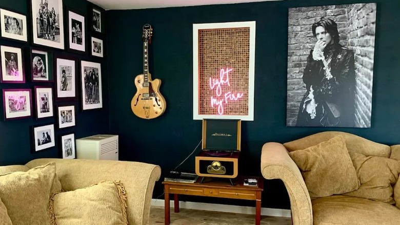 music themed decor on black wall