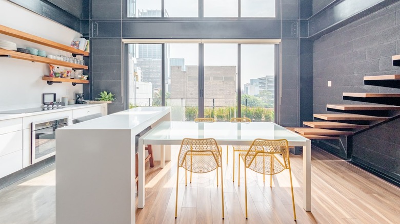 modern kitchen with large windows