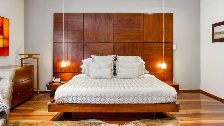 bedroom with wood headboard